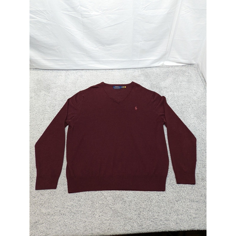 Polo Ralph Lauren‎ Sweater Washable Merino Wool Men's XL Burgundy Red V-Neck